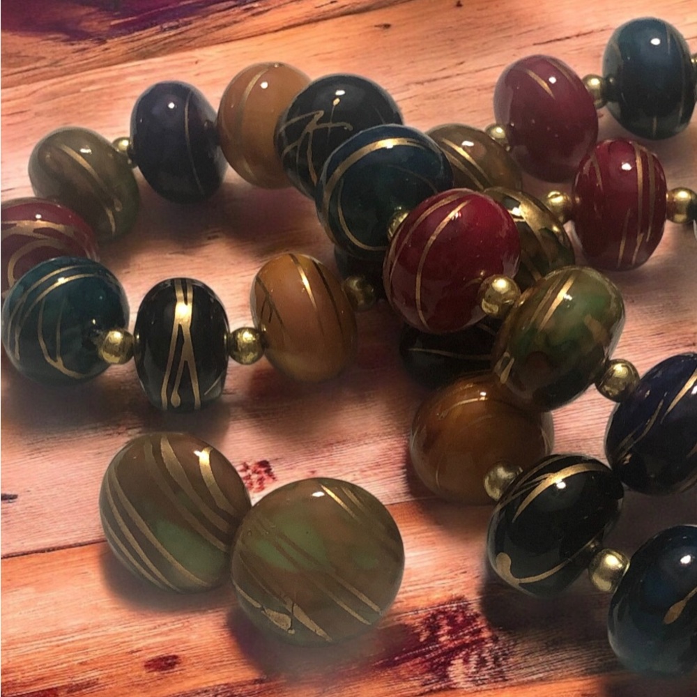 Vintage Chunky Multicolor Beaded Gold-Tone Paint Splatter Necklace & Earrings
